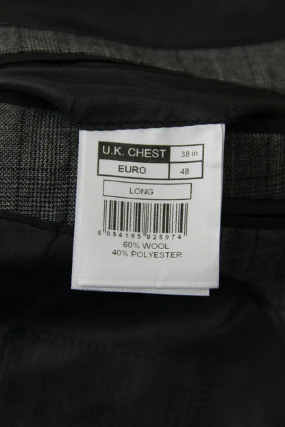 BRAND NEW WOOL RICH BLEND 3 POCKET CHECKED GREY JACKET: 38 INCH CHEST (LONG FIT)