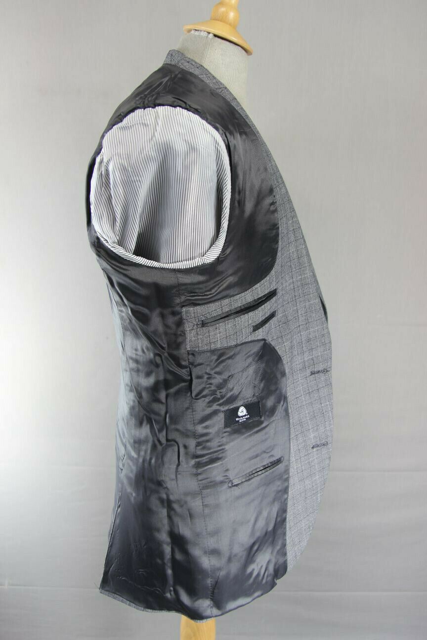 BRAND NEW WOOL RICH BLEND 3 POCKET CHECKED GREY JACKET: 38 INCH CHEST (LONG FIT)