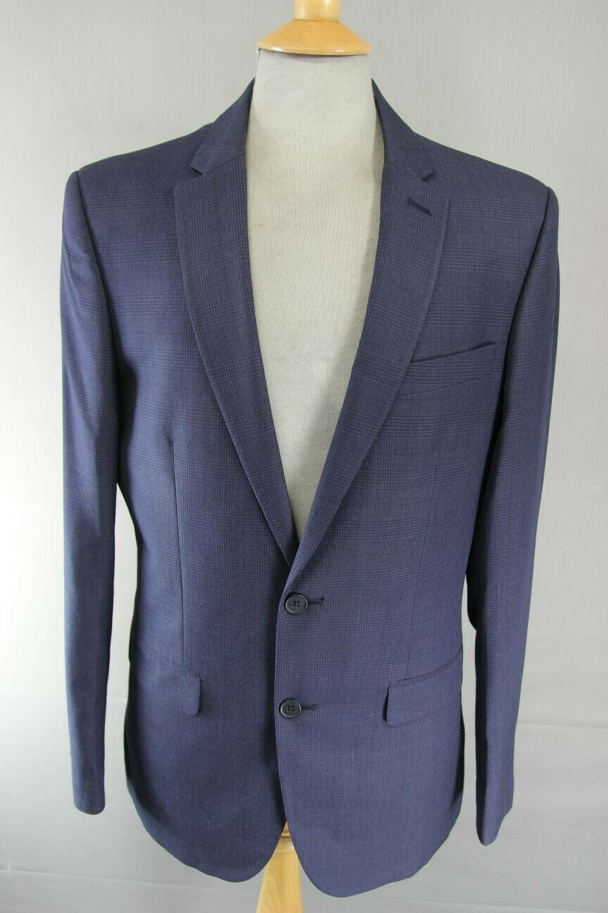 BRAND NEW DARK BLUE/NAVY CHECKED JACKET: 38 INCH CHEST (LONG, TAILORED FIT)