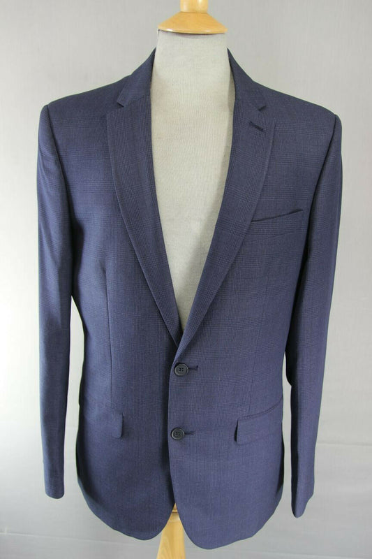 BRAND NEW DARK BLUE/NAVY CHECKED JACKET: 38 INCH CHEST (LONG, TAILORED FIT)