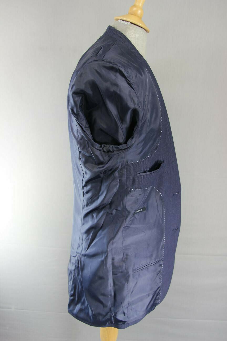 BRAND NEW DARK BLUE/NAVY CHECKED JACKET: 38 INCH CHEST (LONG, TAILORED FIT)
