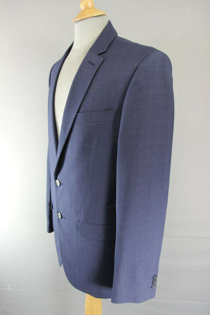 BRAND NEW DARK BLUE/NAVY CHECKED JACKET: 38 INCH CHEST (LONG, TAILORED FIT)