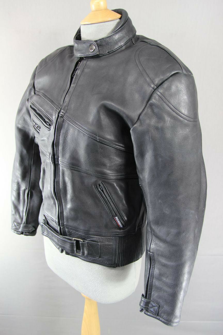 BRITISH DESIGNED & STYLED RHINO COWHIDE LEATHER BIKER JACKET WITH ARMOUR SIZE 14