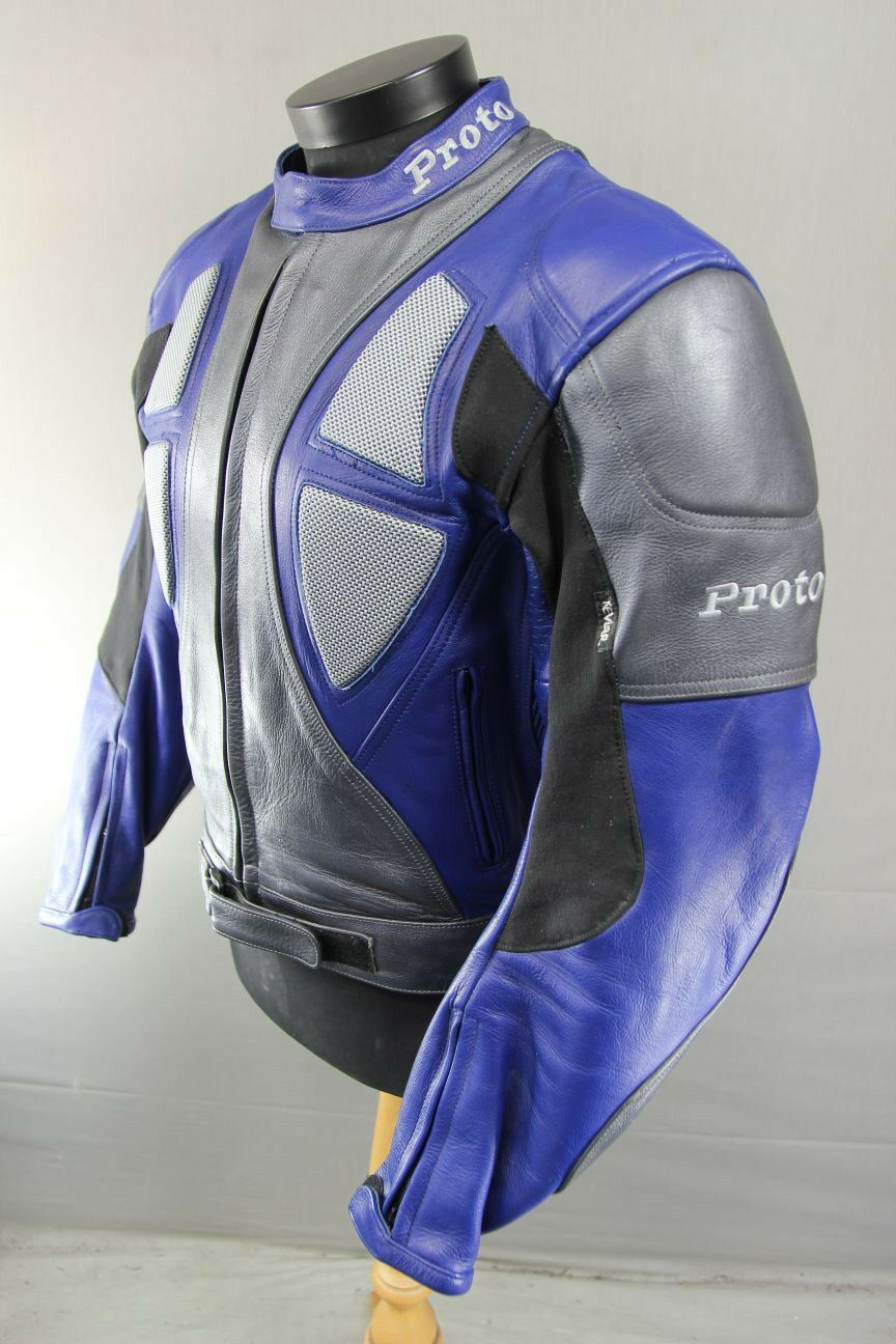 PROTO SILVER & BLUE LEATHER BIKER JACKET WITH BACK, SHOULDER & ELBOW ARMOUR 42IN