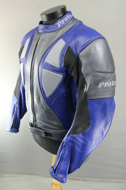 PROTO SILVER & BLUE LEATHER BIKER JACKET WITH BACK, SHOULDER & ELBOW ARMOUR 42IN