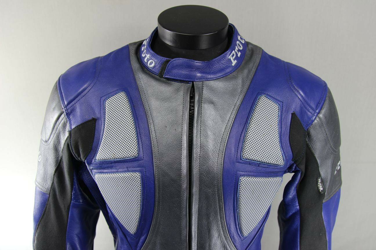 PROTO SILVER & BLUE LEATHER BIKER JACKET WITH BACK, SHOULDER & ELBOW ARMOUR 42IN