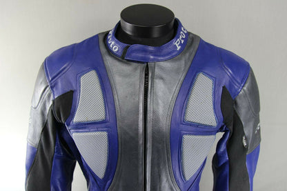 PROTO SILVER & BLUE LEATHER BIKER JACKET WITH BACK, SHOULDER & ELBOW ARMOUR 42IN
