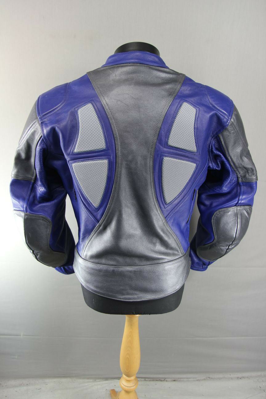 PROTO SILVER & BLUE LEATHER BIKER JACKET WITH BACK, SHOULDER & ELBOW ARMOUR 42IN