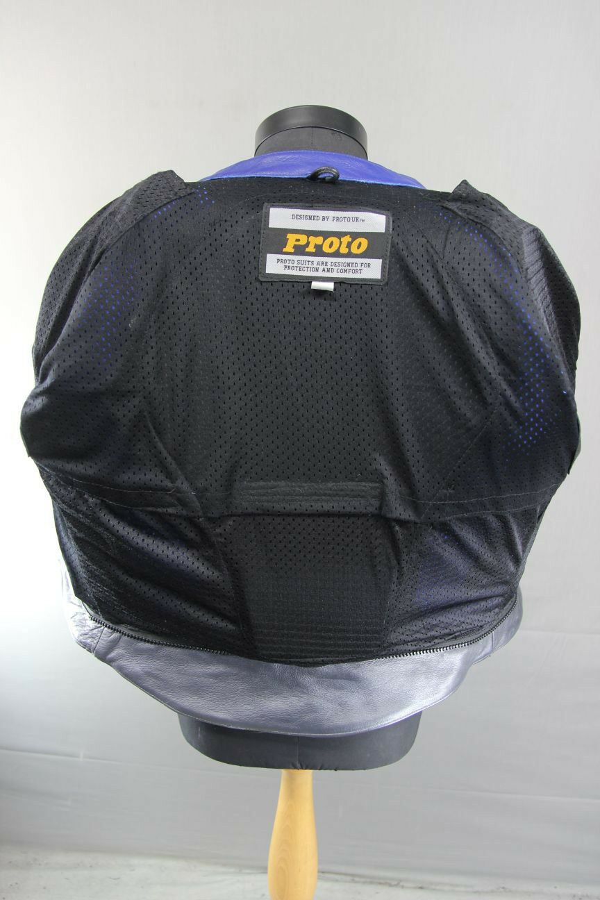 PROTO SILVER & BLUE LEATHER BIKER JACKET WITH BACK, SHOULDER & ELBOW ARMOUR 42IN