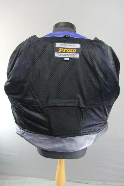 PROTO SILVER & BLUE LEATHER BIKER JACKET WITH BACK, SHOULDER & ELBOW ARMOUR 42IN
