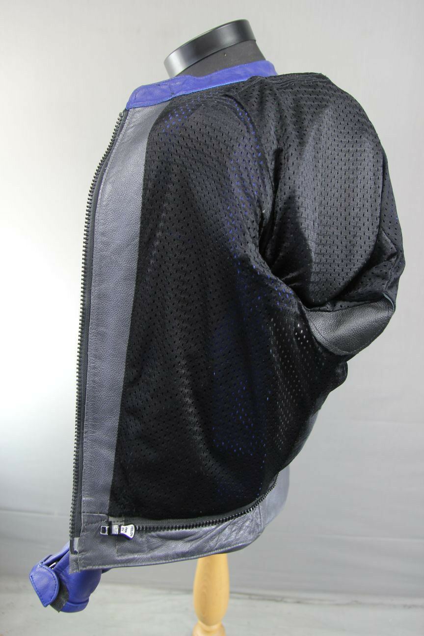 PROTO SILVER & BLUE LEATHER BIKER JACKET WITH BACK, SHOULDER & ELBOW ARMOUR 42IN