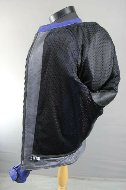 PROTO SILVER & BLUE LEATHER BIKER JACKET WITH BACK, SHOULDER & ELBOW ARMOUR 42IN