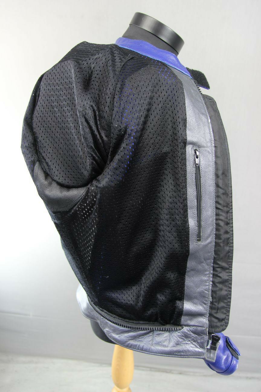 PROTO SILVER & BLUE LEATHER BIKER JACKET WITH BACK, SHOULDER & ELBOW ARMOUR 42IN