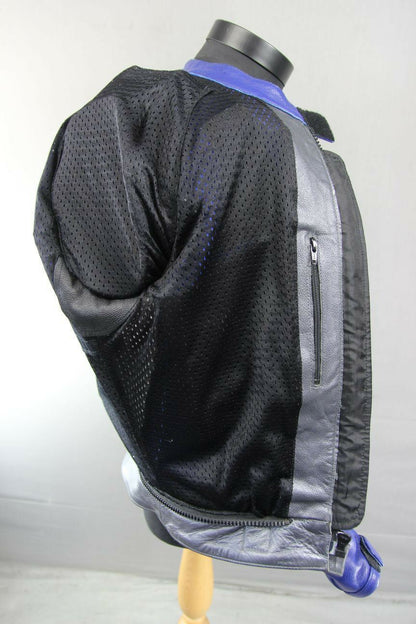 PROTO SILVER & BLUE LEATHER BIKER JACKET WITH BACK, SHOULDER & ELBOW ARMOUR 42IN