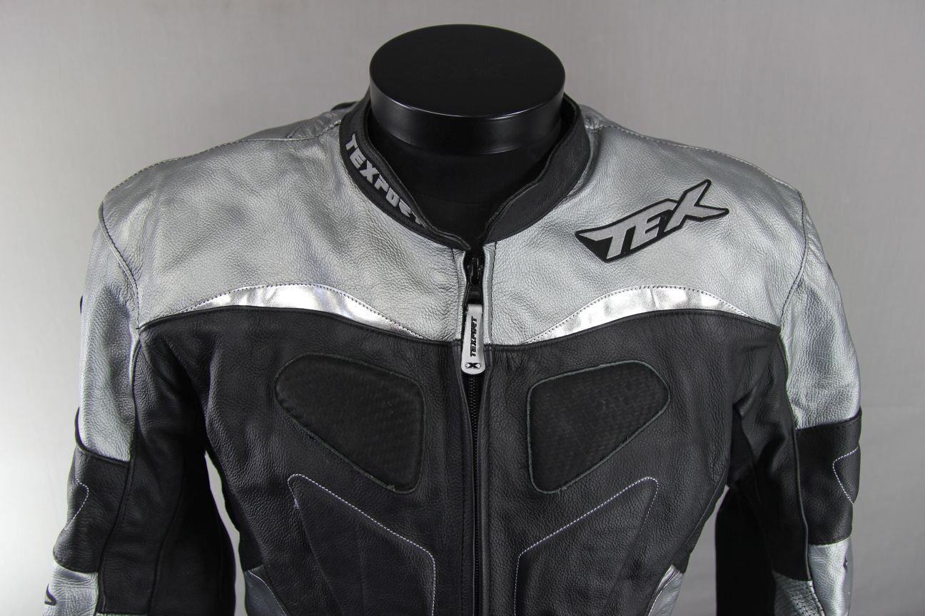 TEXPORT BLACK, SILVER & WHITE LEATHER BIKER JACKET + CE ARMOUR & RACE HUMP 40IN