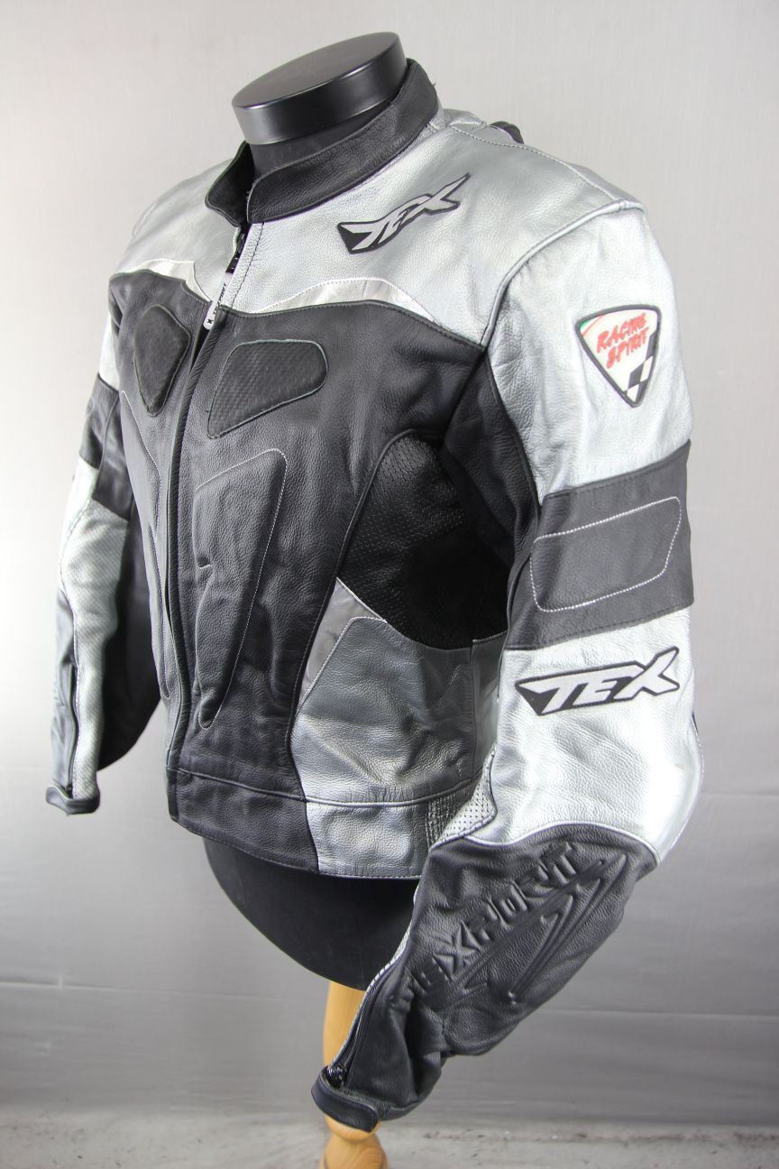 TEXPORT BLACK, SILVER & WHITE LEATHER BIKER JACKET + CE ARMOUR & RACE HUMP 40IN