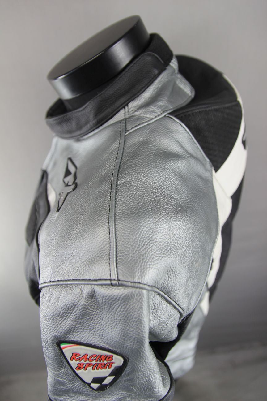 TEXPORT BLACK, SILVER & WHITE LEATHER BIKER JACKET + CE ARMOUR & RACE HUMP 40IN