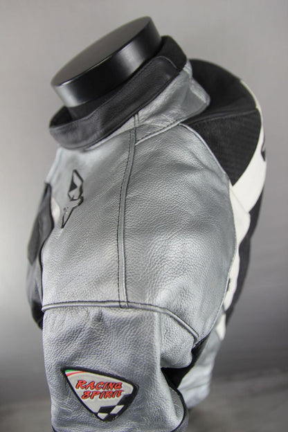 TEXPORT BLACK, SILVER & WHITE LEATHER BIKER JACKET + CE ARMOUR & RACE HUMP 40IN