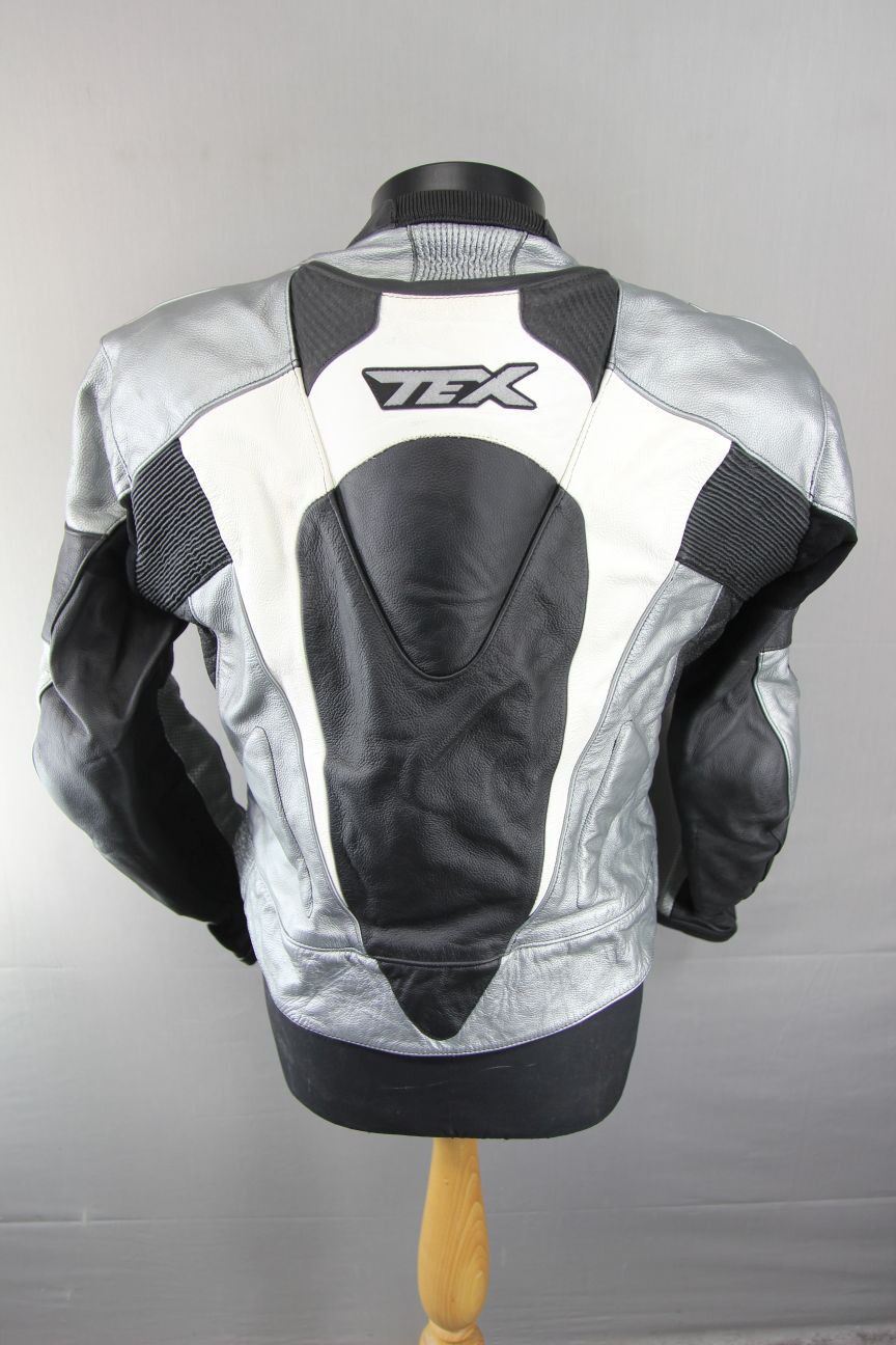 TEXPORT BLACK, SILVER & WHITE LEATHER BIKER JACKET + CE ARMOUR & RACE HUMP 40IN