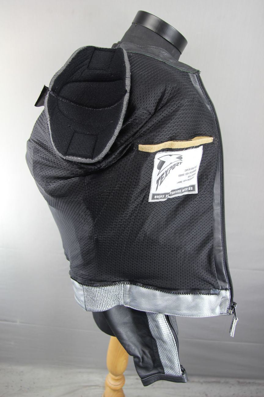 TEXPORT BLACK, SILVER & WHITE LEATHER BIKER JACKET + CE ARMOUR & RACE HUMP 40IN