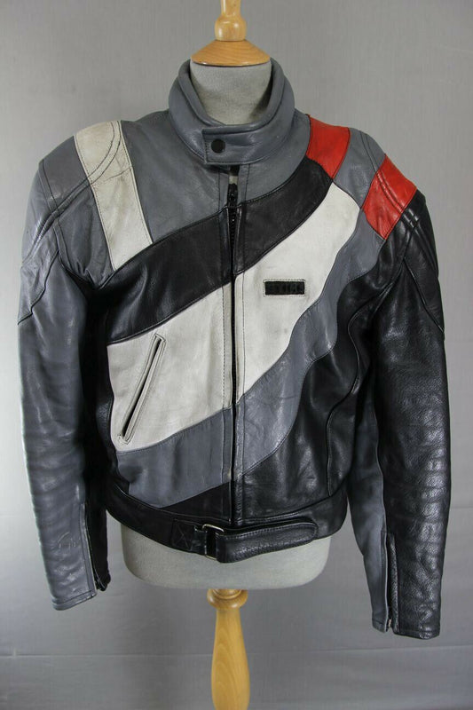 GREY, BLACK, WHITE & RED STIMS LEATHER BIKER JACKET 44 INCH