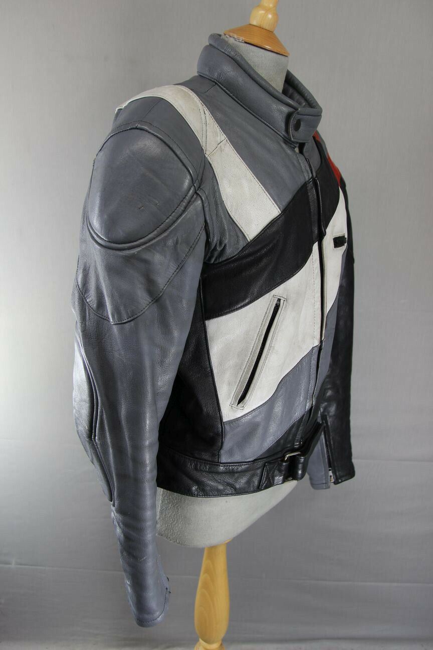 GREY, BLACK, WHITE & RED STIMS LEATHER BIKER JACKET 44 INCH