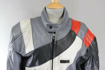 GREY, BLACK, WHITE & RED STIMS LEATHER BIKER JACKET 44 INCH