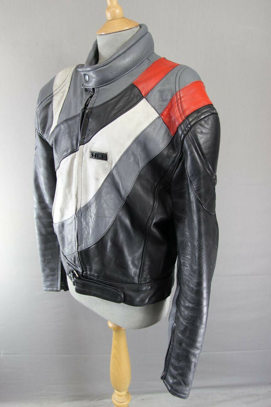 GREY, BLACK, WHITE & RED STIMS LEATHER BIKER JACKET 44 INCH