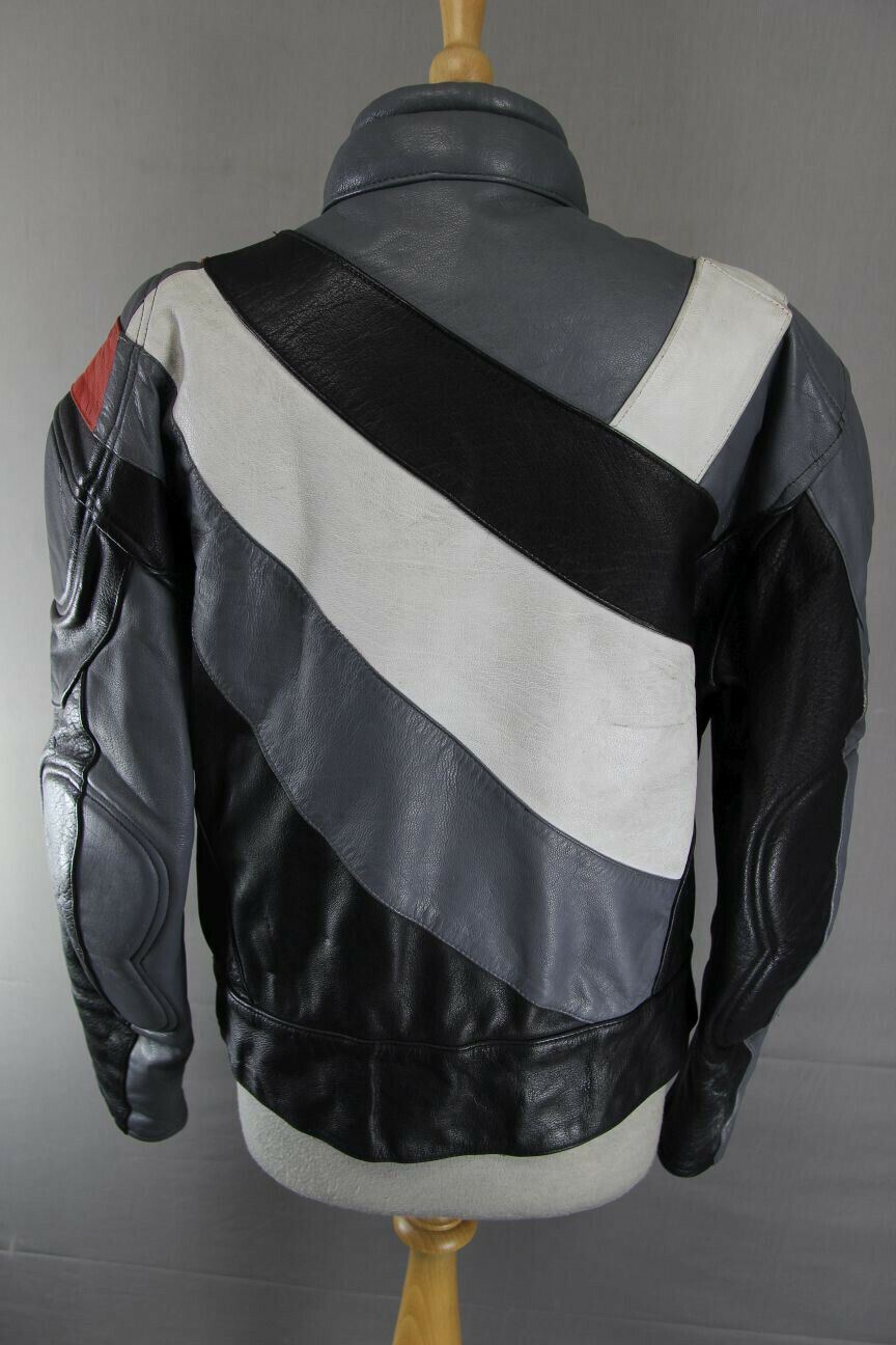 GREY, BLACK, WHITE & RED STIMS LEATHER BIKER JACKET 44 INCH