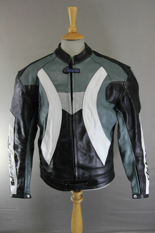 RELTEX BLACK, GREY, WHITE & SILVER LEATHER BIKER JACKET WITH CE ARMOUR 42 INCH