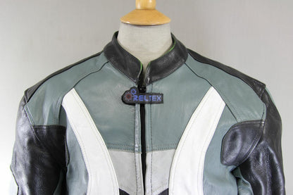 RELTEX BLACK, GREY, WHITE & SILVER LEATHER BIKER JACKET WITH CE ARMOUR 42 INCH
