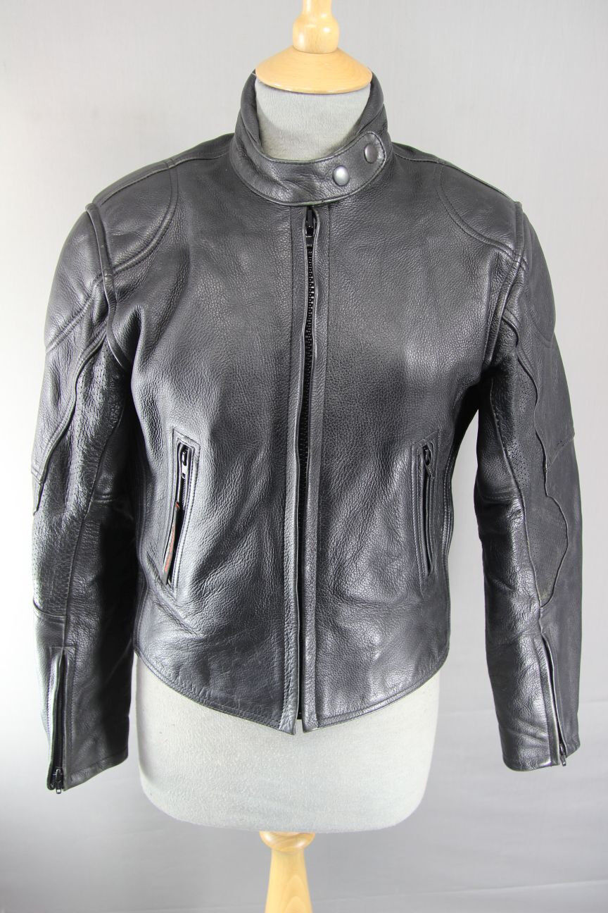 CLASSIC DANNISPORT BLACK LEATHER BIKER JACKET SIZE 12