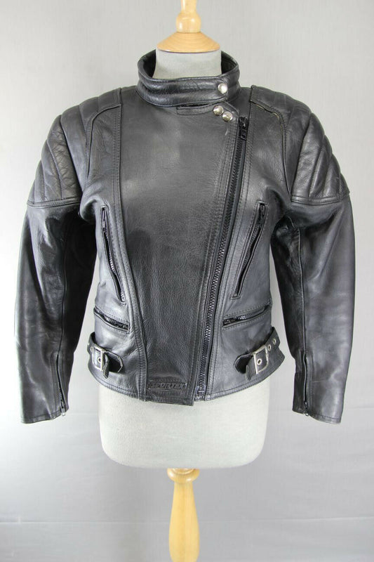 CLASSIC BLACK LEATHER SPORTEX A5 BIKER JACKET: SIZE 14