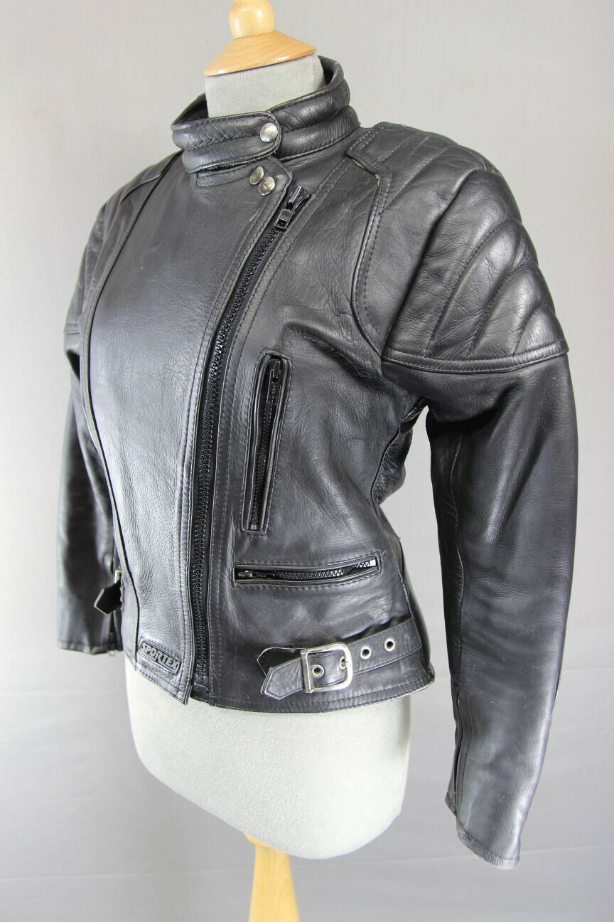 CLASSIC BLACK LEATHER SPORTEX A5 BIKER JACKET: SIZE 14