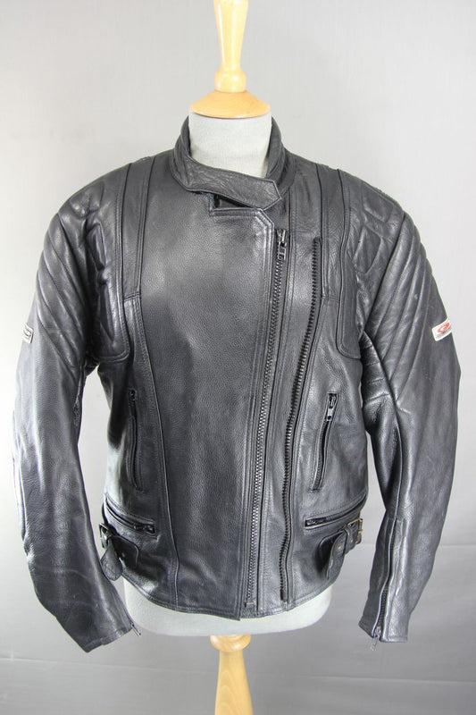 CLASSIC AKITO G FORCE BLACK LEATHER BIKER JACKET SIZE 14