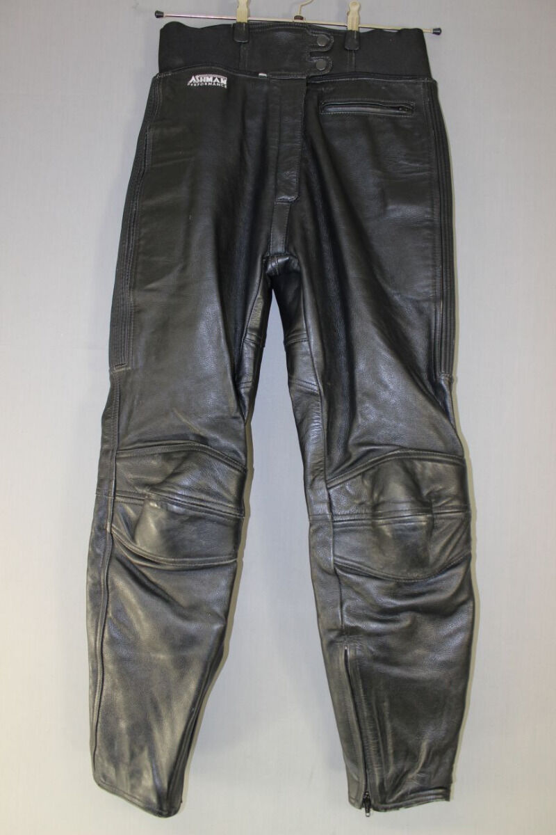 ASHMAN BLACK COWHIDE LEATHER BIKER TROUSERS SIZE 12 - WAIST 30IN/INSIDE LEG 30IN