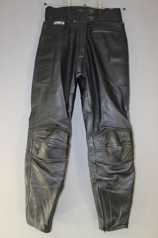 ASHMAN BLACK COWHIDE LEATHER BIKER TROUSERS SIZE 12 - WAIST 30IN/INSIDE LEG 30IN