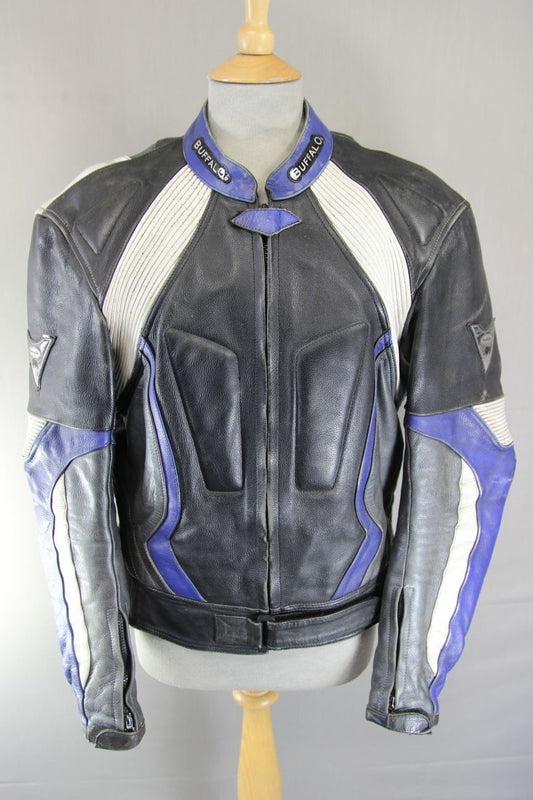 BUFFALO BLACK, SILVER, BLUE & WHITE LEATHER BIKER JACKET WITH CE ARMOUR 40 INCH
