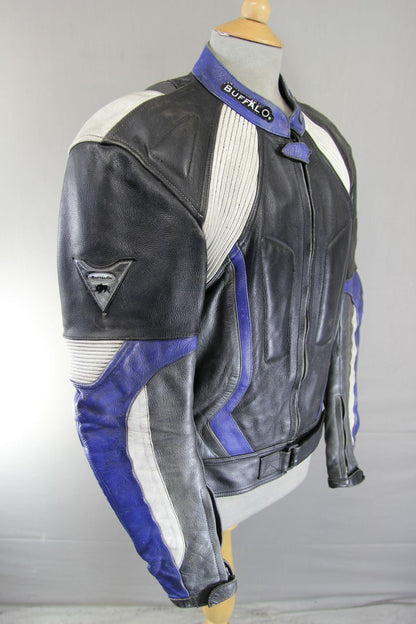 BUFFALO BLACK, SILVER, BLUE & WHITE LEATHER BIKER JACKET WITH CE ARMOUR 40 INCH