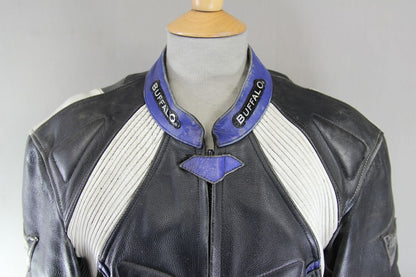 BUFFALO BLACK, SILVER, BLUE & WHITE LEATHER BIKER JACKET WITH CE ARMOUR 40 INCH