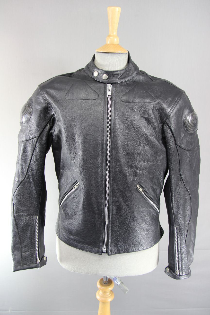 CLASSIC JUST BIKERS BLACK LEATHER BIKER JACKET WITH REMOVABLE PROTECTORS 40 INCH