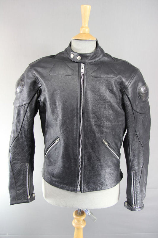 CLASSIC JUST BIKERS BLACK LEATHER BIKER JACKET WITH REMOVABLE PROTECTORS 40 INCH