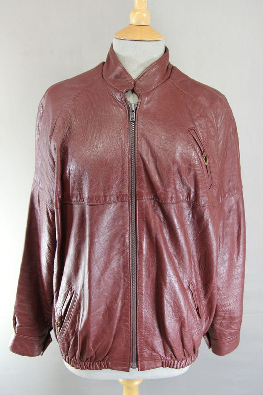 VINTAGE 1970'S BRITISH MADE C&A RED/BROWN CLASSIC LEATHER JACKET: SIZE 16/40 IN
