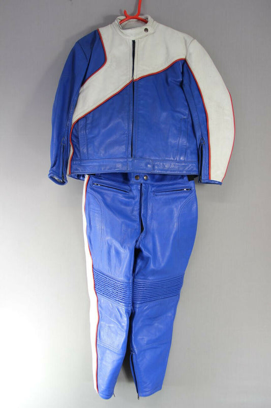 VINTAGE BLUE SWIFT LEATHERS OF NORTHAMPTON 2 PIECE BIKER SUIT CHEST 40/WAIST 32"