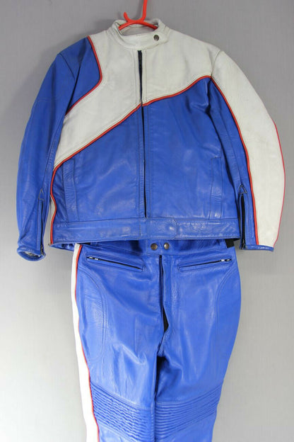 VINTAGE BLUE SWIFT LEATHERS OF NORTHAMPTON 2 PIECE BIKER SUIT CHEST 40/WAIST 32"