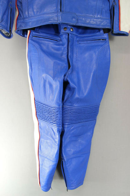 VINTAGE BLUE SWIFT LEATHERS OF NORTHAMPTON 2 PIECE BIKER SUIT CHEST 40/WAIST 32"