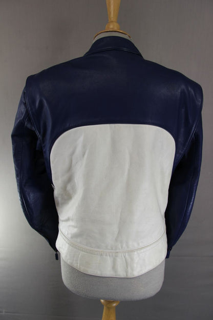 VINTAGE 1970's/1980's BMW MOTORRAD BLUE & CREAM LEATHER BIKER JACKET 36-38 INCH