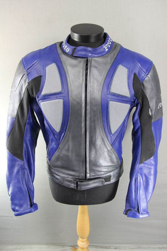PROTO SILVER & BLUE LEATHER BIKER JACKET WITH BACK, SHOULDER & ELBOW ARMOUR 42IN