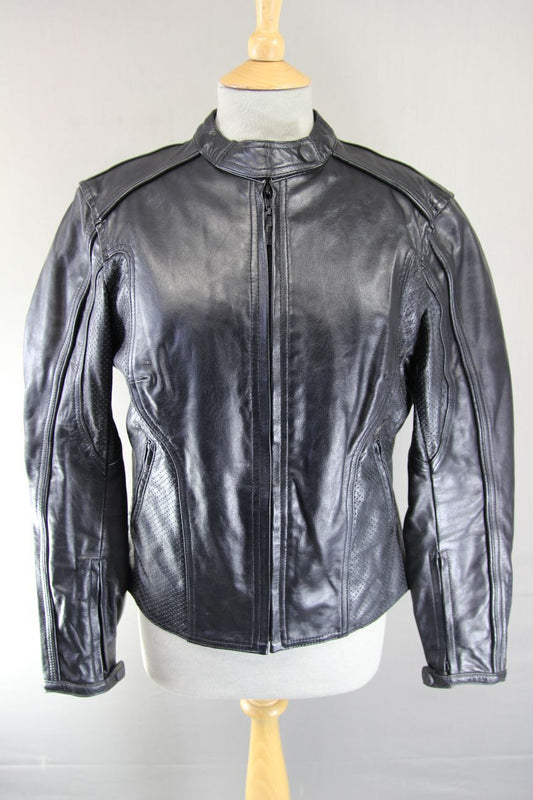 FRANK THOMAS LADY RIDER BLACK LEATHER BIKER JACKET WITH THERMAL LINING: SIZE 14