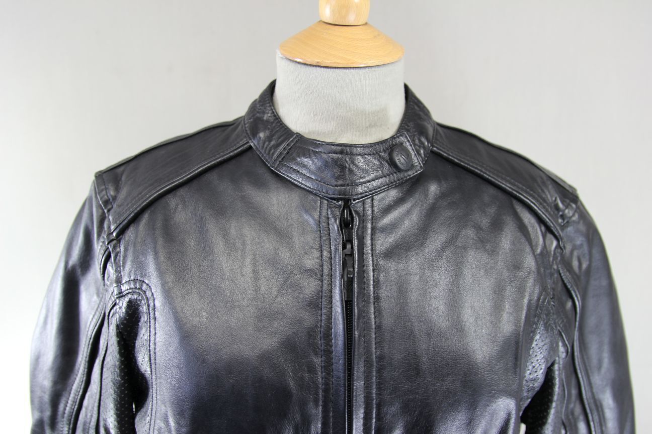FRANK THOMAS LADY RIDER BLACK LEATHER BIKER JACKET WITH THERMAL LINING: SIZE 14